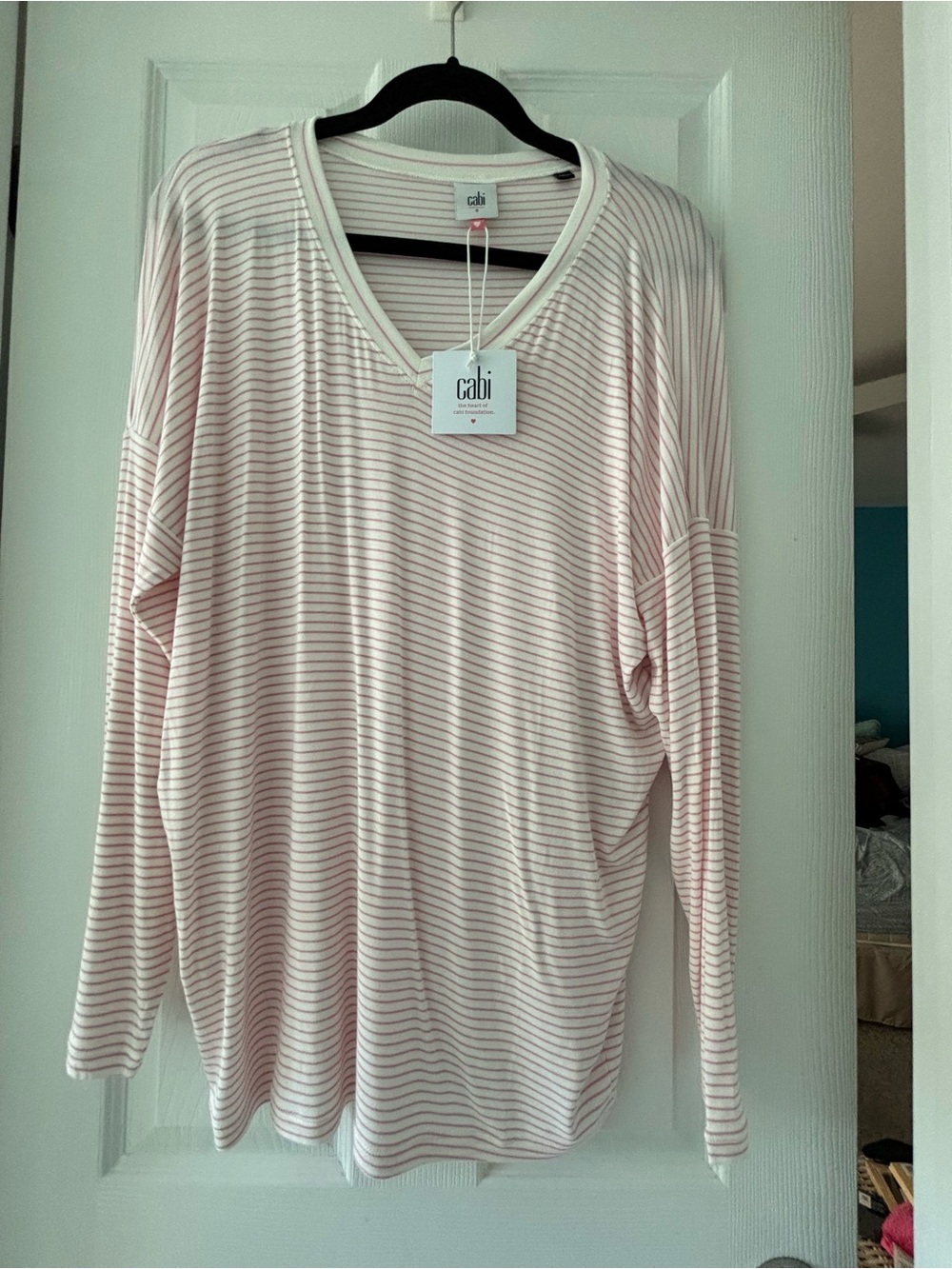 CAbi Pink and White Striped V-Neck Long Sleeve Top